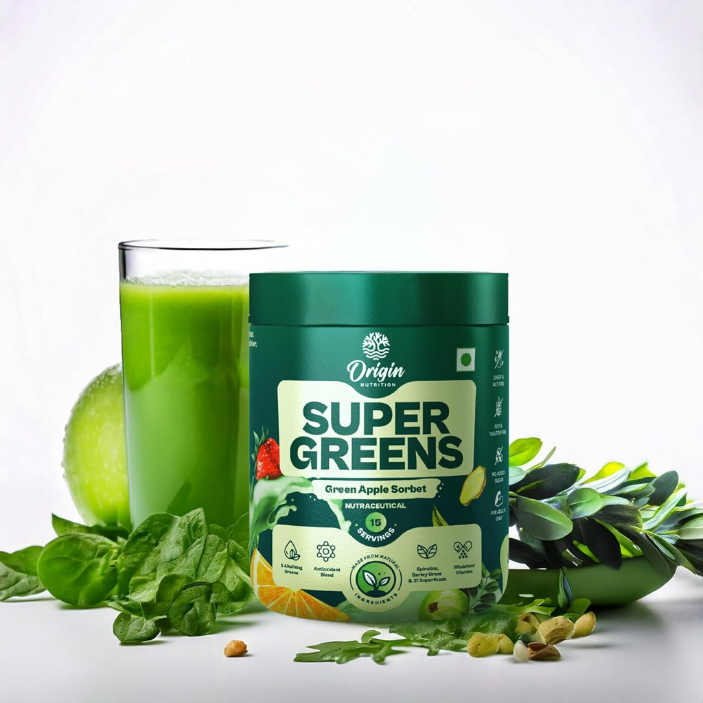 Picture of SUPERGREENS GREEN APPLE FLAVOUR POWDER INSTAR FOODS ORIGIN NUTRITION 10.7 x 8.8 x 8.6 cm; 120 g