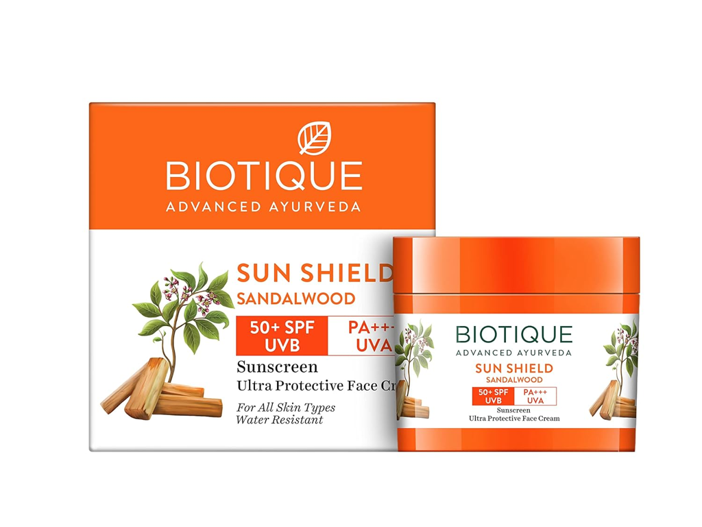 Picture of SUN SHIELD SANDALWOOD SPF 50+ BIO VEDA FARMACY PRIVATE LIMITED BIOTIQUE ‎5.2 x 1 x 9 cm; 50 g
